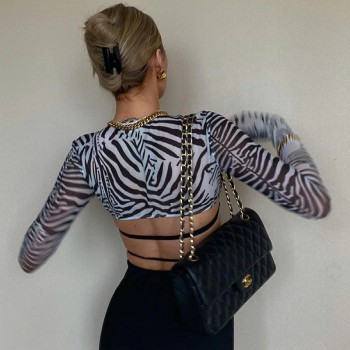  Fashion Zebra Print Mesh Crop Tops See Through Long Sleeve Cropped Club Summer Slim Sexy T-Shirts Dark
